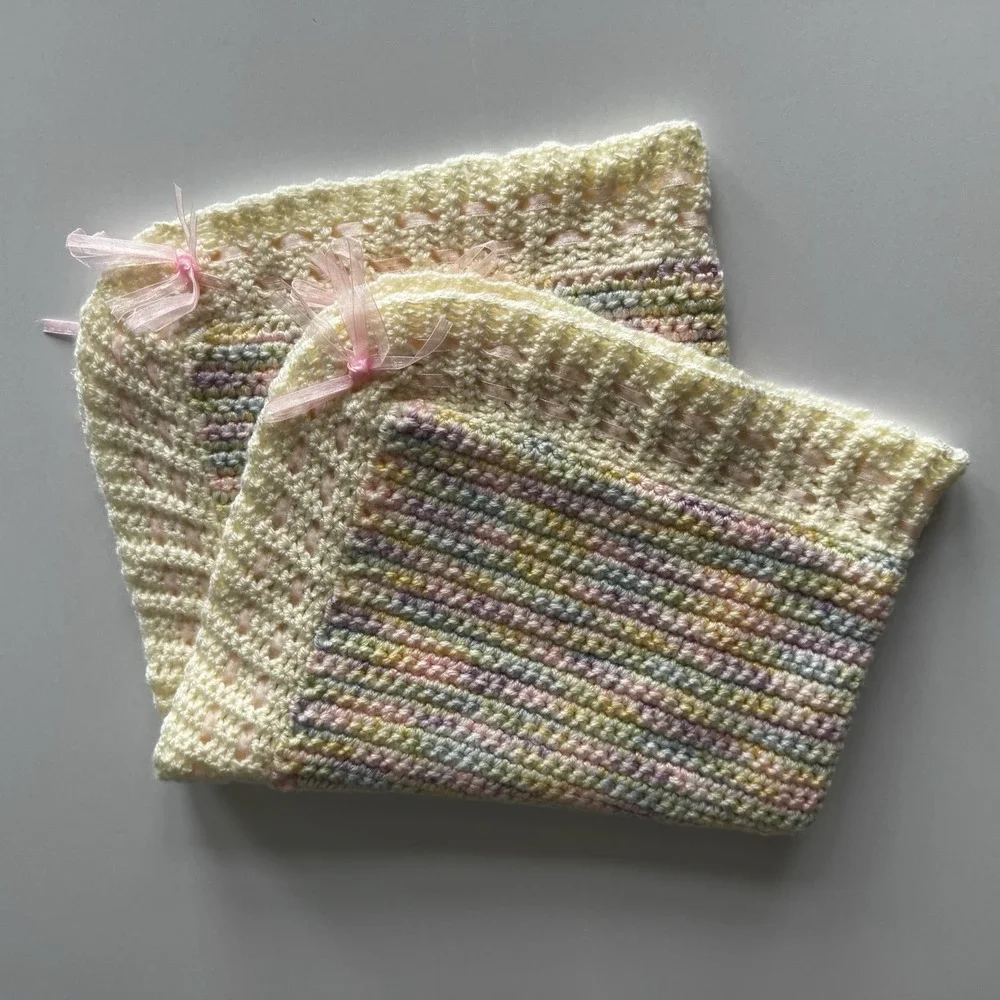 Vintage Cream Pastel Crochet Satin Weave Trim Baby Blanket Approx  25